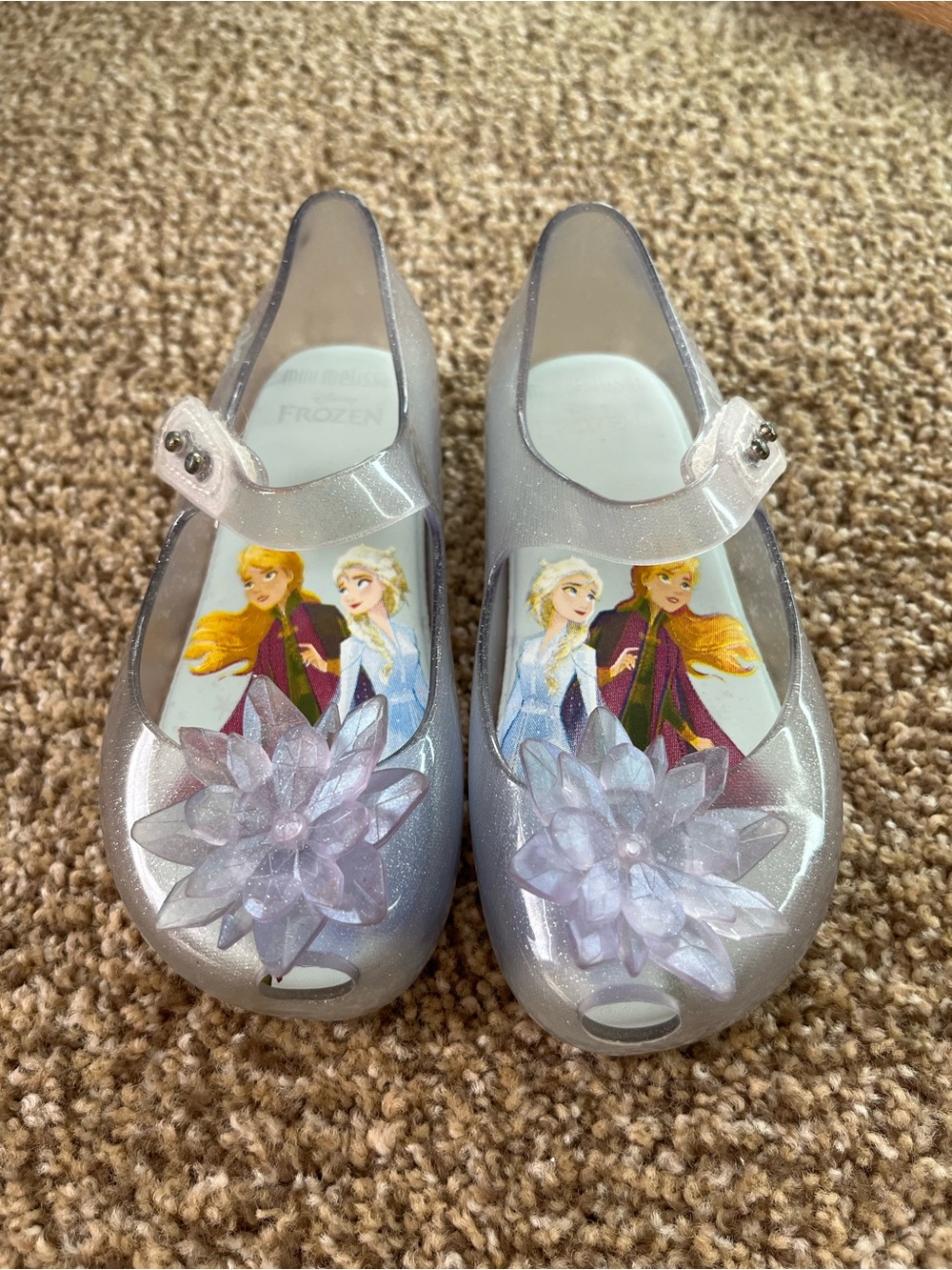 Mini Melissa Silver Glitter Kids' Mary Jane Sandals with Frozen Floral Accent